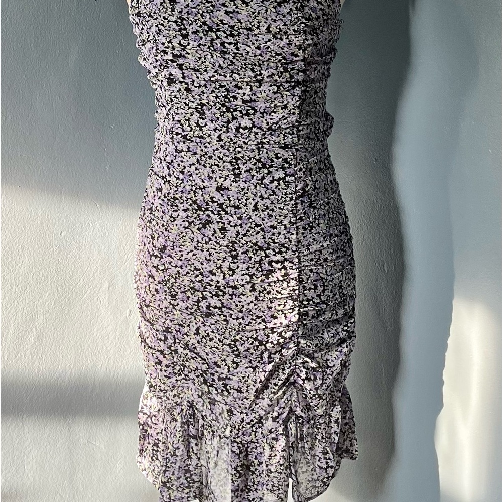 NWT- She+Sky size S, double ruched shoulder tie cocktail length dress.